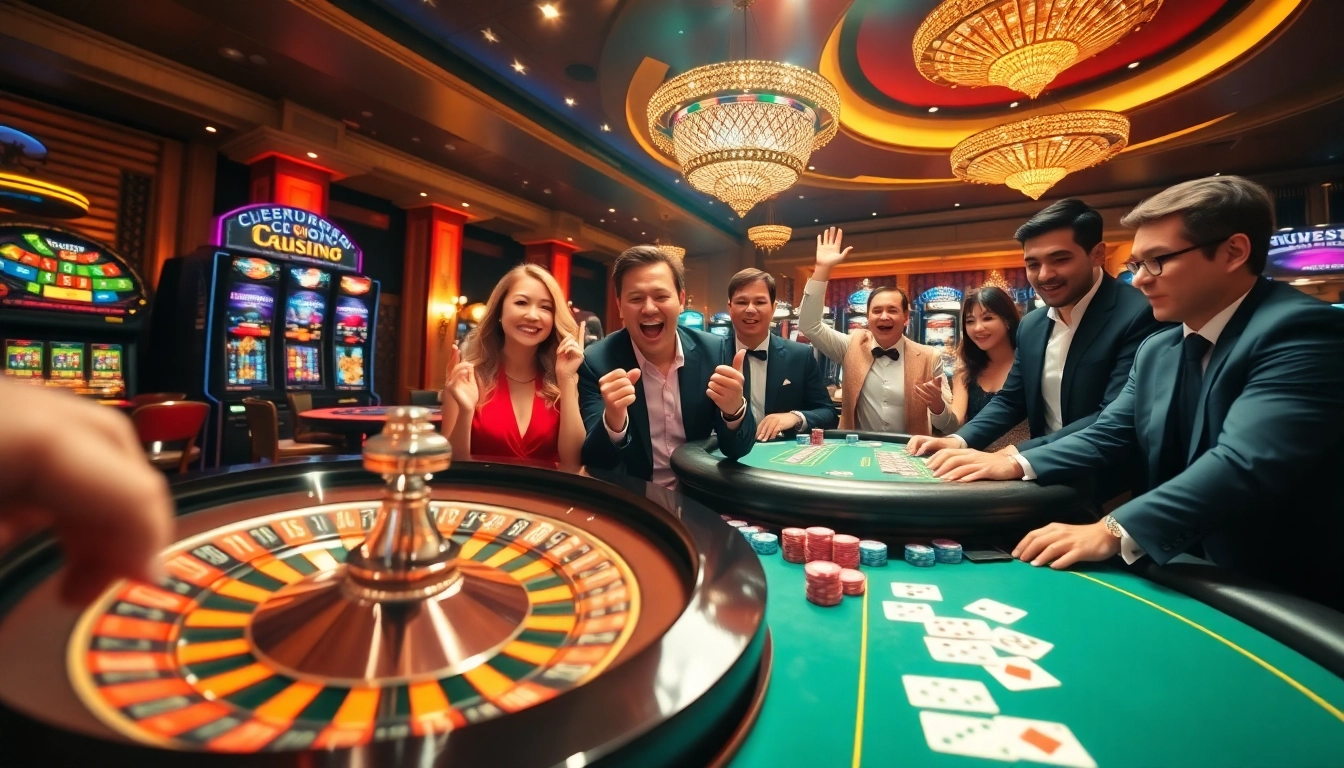 Bancadoithuong casino scene with enthusiastic players at a roulette table and vibrant poker chips.