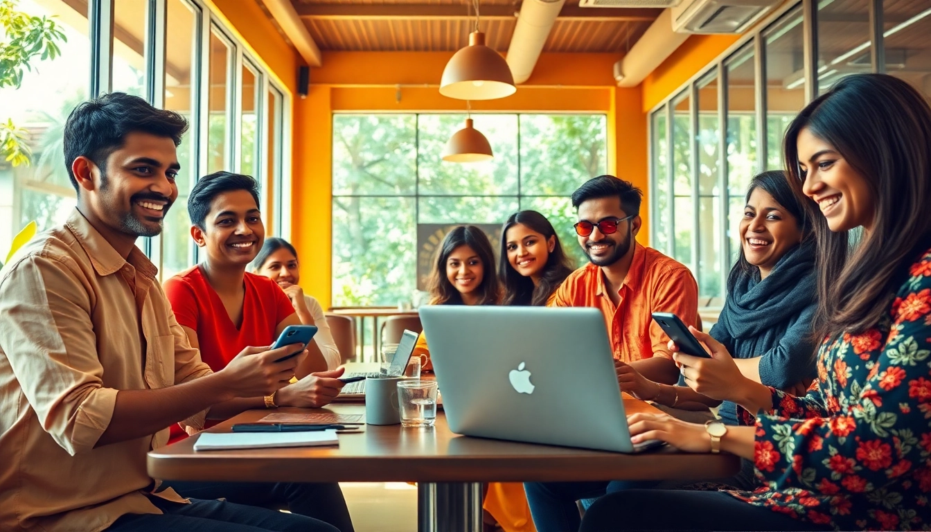 Lanka Ads interaction scene in a vibrant café showcasing people using digital devices for classified ads.