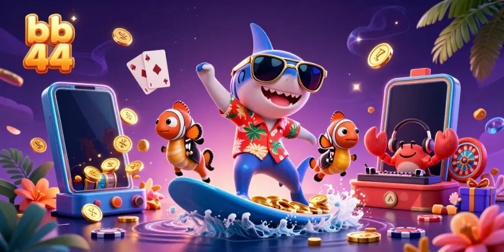 Engage with exciting slots at bb 44 featuring vibrant characters surfing on gold coins.