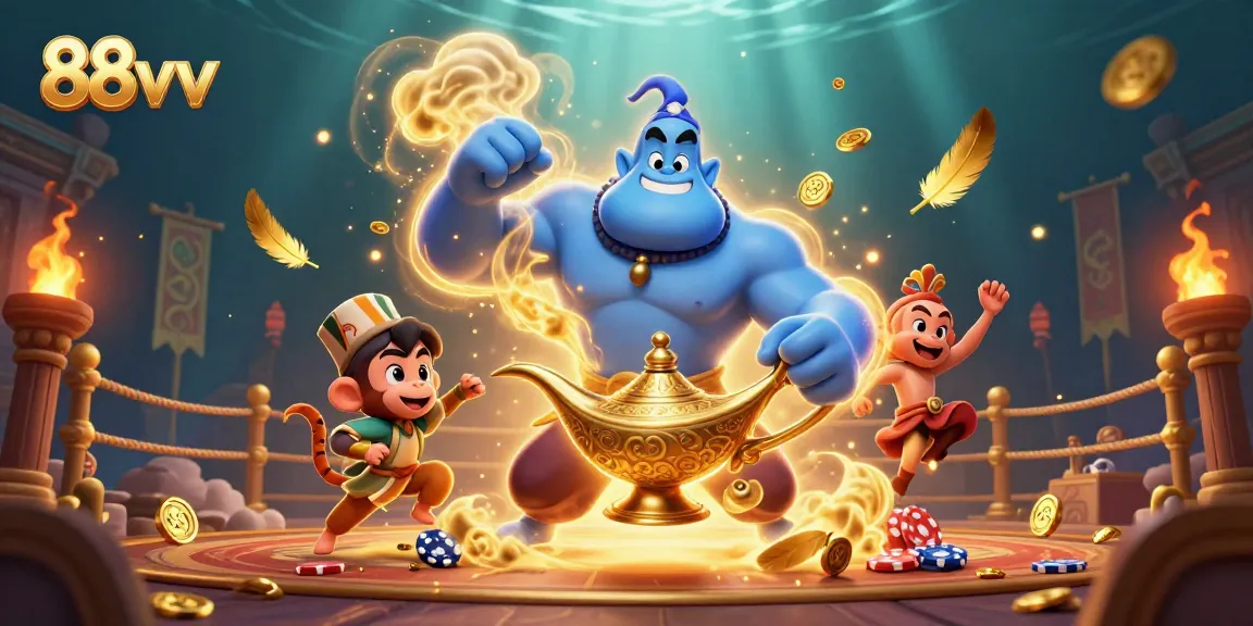 Engage in exciting gameplay with 88vv featuring a genie and poker chips amidst dynamic casino elements.
