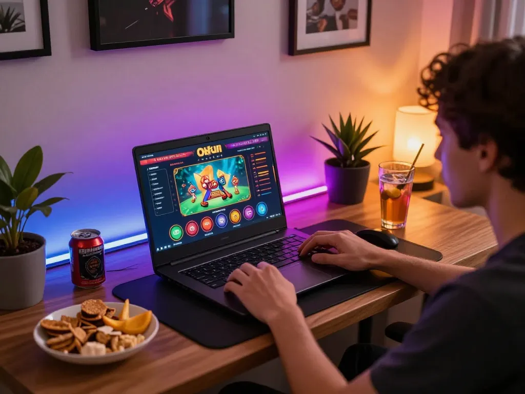 Engaging in online gaming with Okfun interface on a laptop, featuring a vibrant home setup.