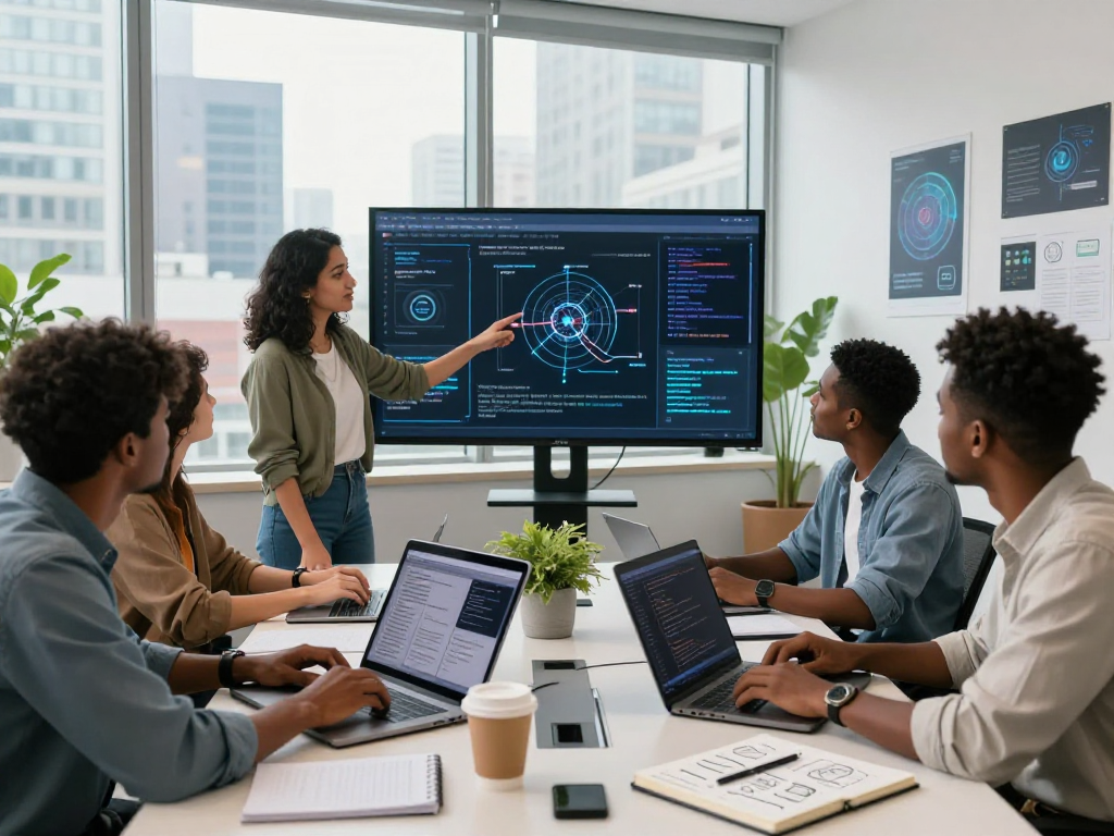 Engineers collaborating in a modern office using juicy ai to enhance software development