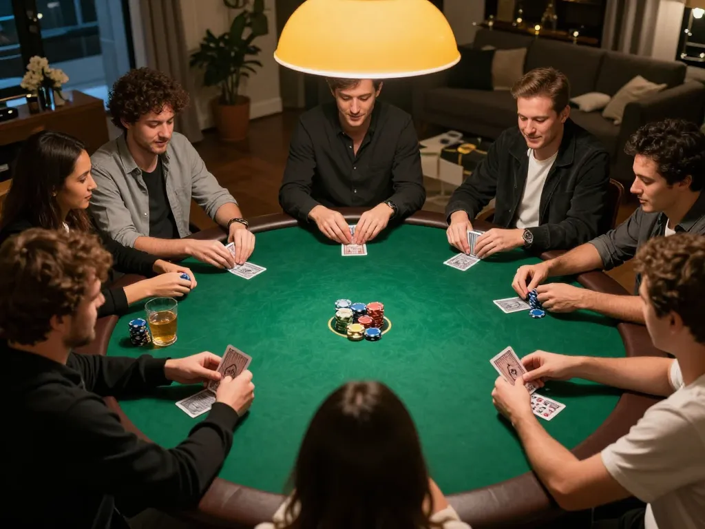 Players intensely strategizing during a home poker game on RR88's platform, showcasing engagement and competition.