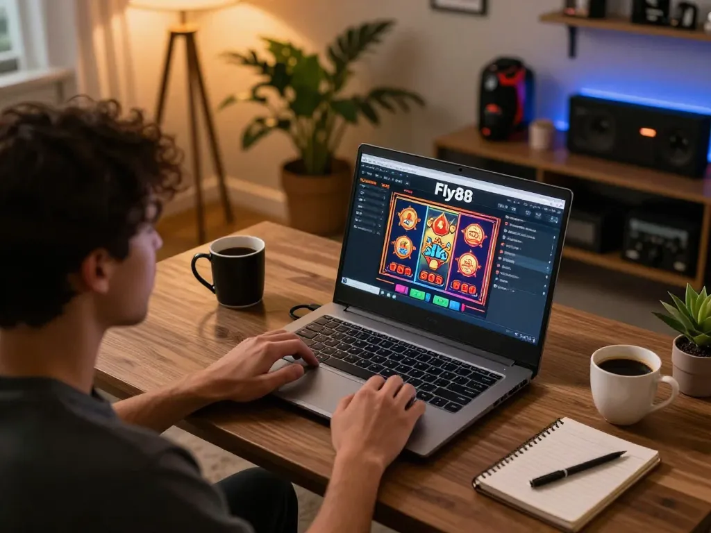 Engaging in online gaming with the Fly88 link displayed on a laptop, showcasing a cozy betting atmosphere.
