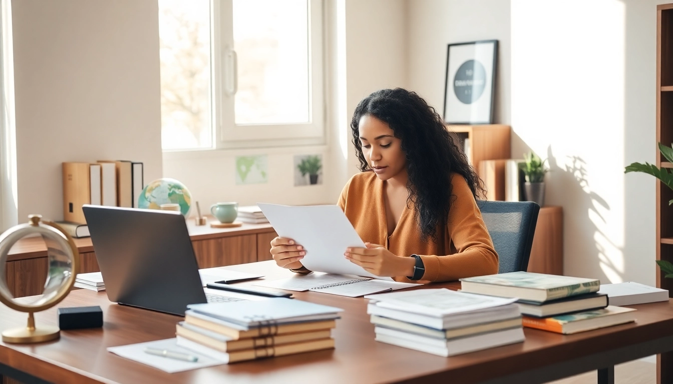Certified translator working in a modern office with multilingual documents.