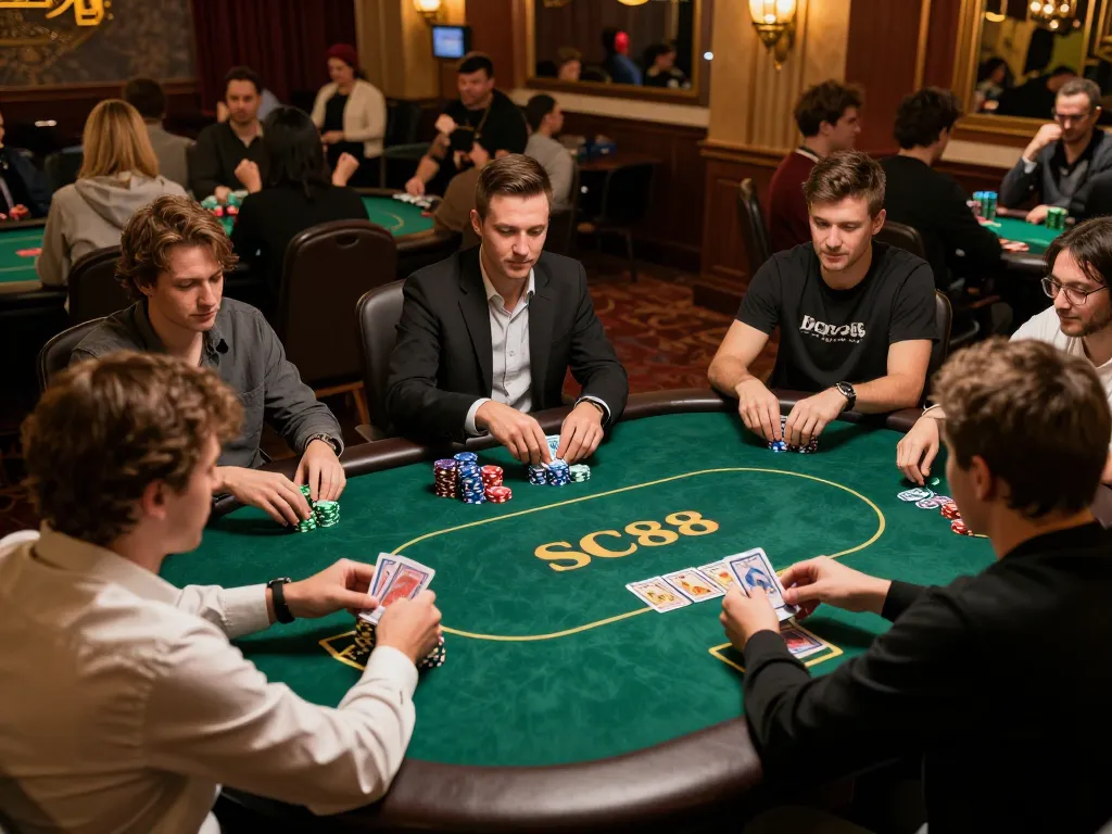 Players engaging in a thrilling poker game at SC88 with colorful chips and cards.