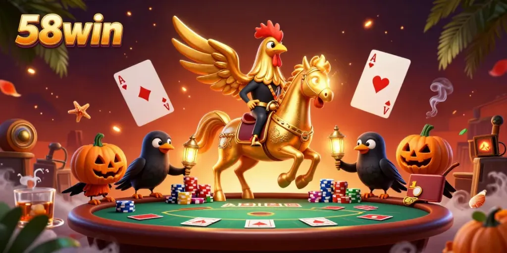 Experience thrilling games at 58win with a golden rooster as the headless horseman in a vibrant casino scene.