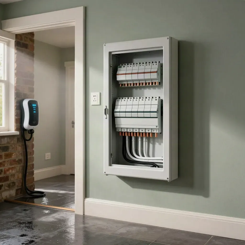 Upgraded consumer unit and EV charger in a rain-damp hallway under dawn light.