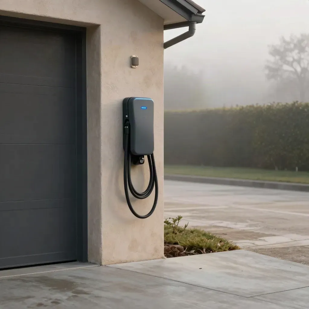 EV charger mounted by a driveway with neatly looped cable and misty morning light.