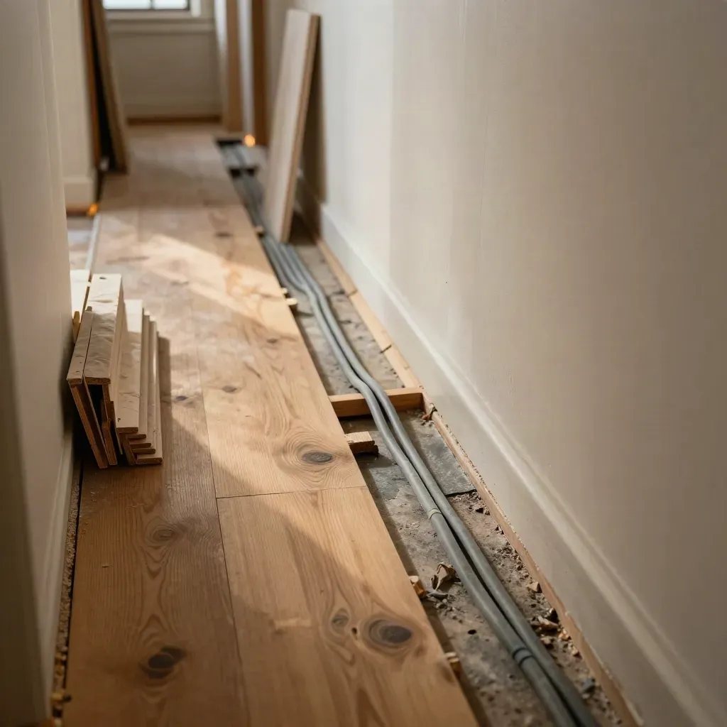 Floor-level hallway rewire with lifted boards, routed cables, patch-plastered chases and skirting offcuts.