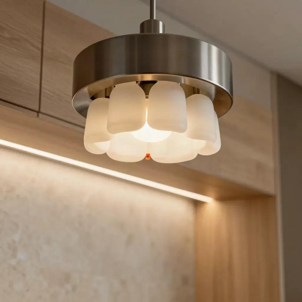 Low-angle macro of lit pendant details and concealed strip lighting in a finished kitchen-diner.