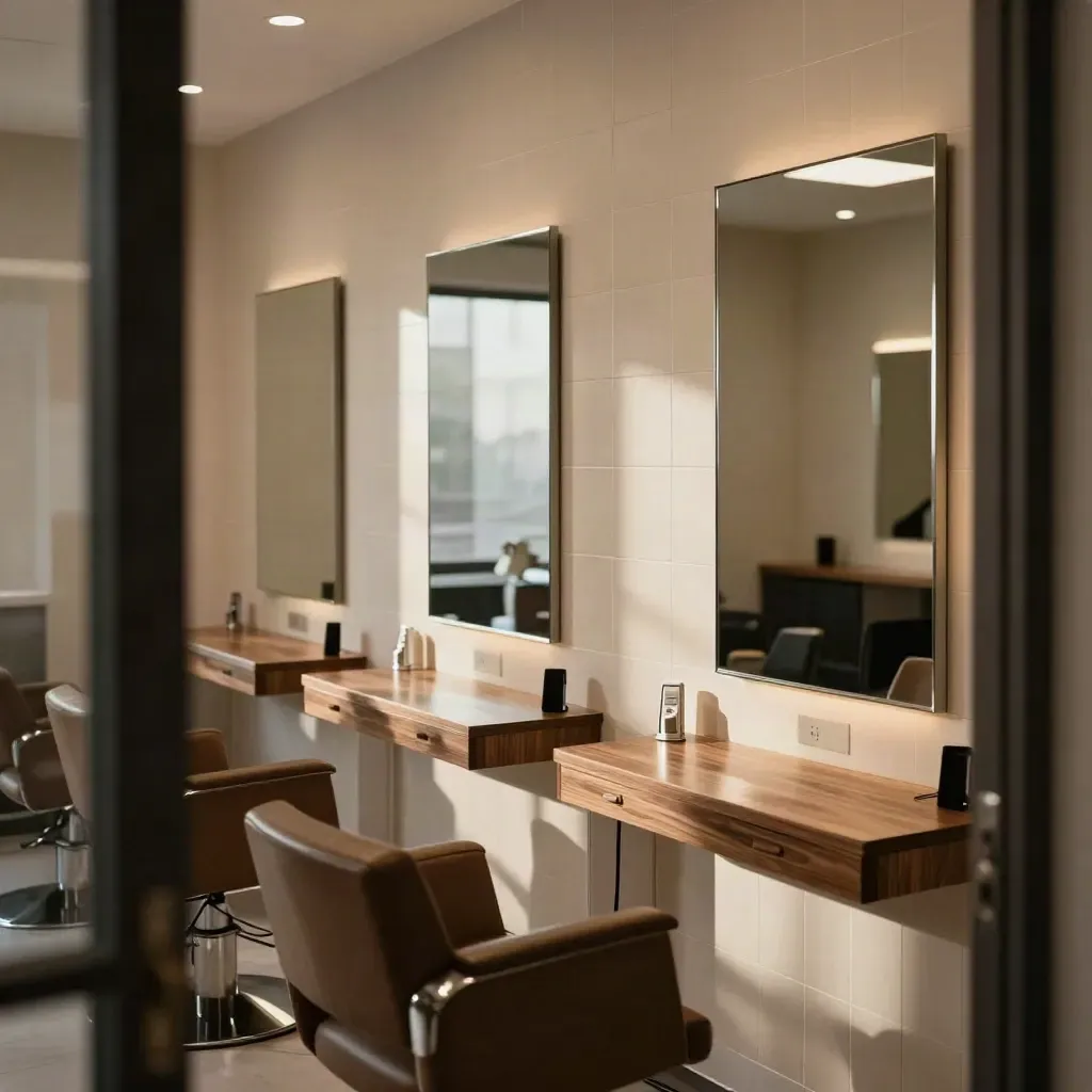 Empty salon glowing with new mirrors, lights and tidy socket runs after closing