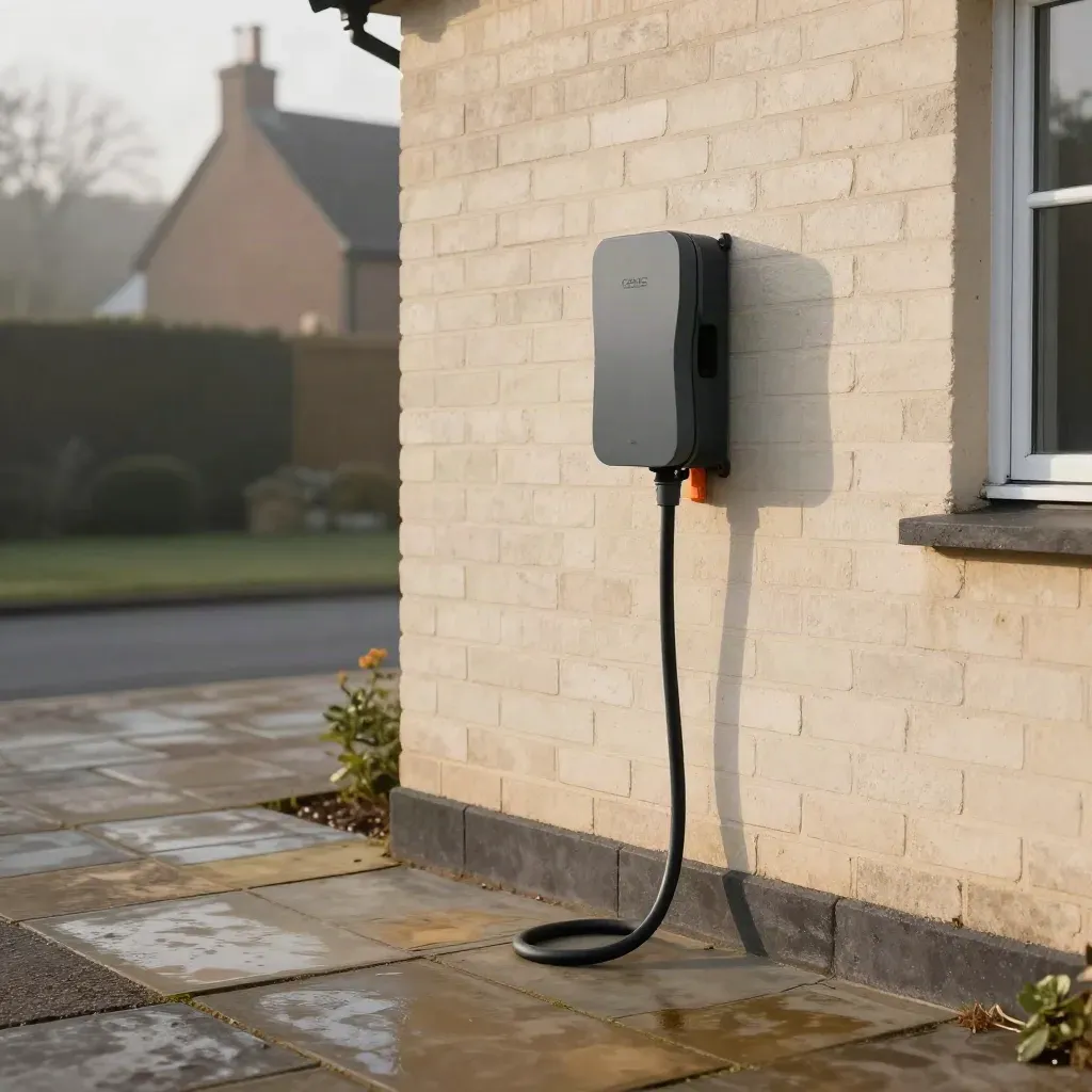 Finished driveway EV charger beside a house wall, tidy cable route, restored paving, dawn light.