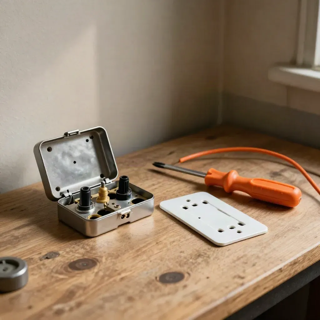 Open socket backbox, replacement faceplate and tester leads on a worktop in dramatic shadow.