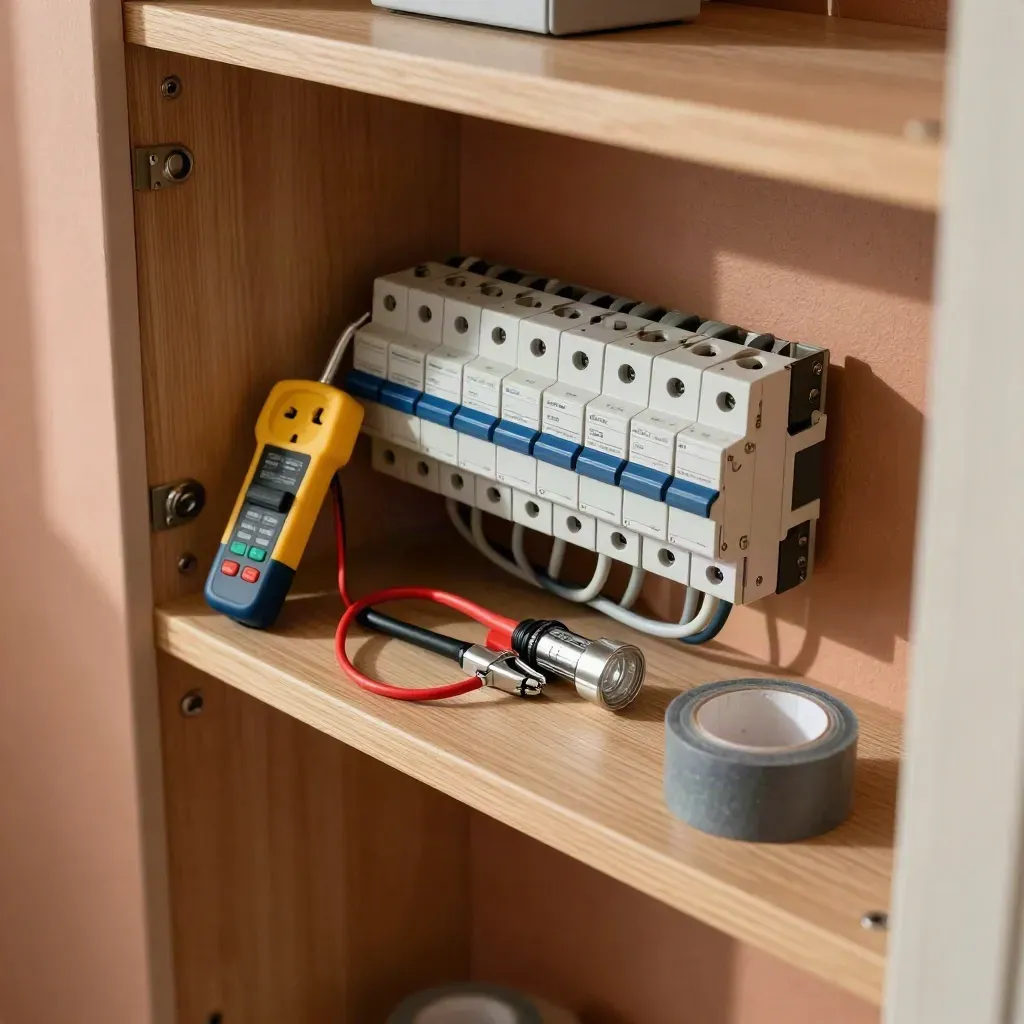 Open consumer unit with tester leads and inspection torch in a neat hallway cupboard.