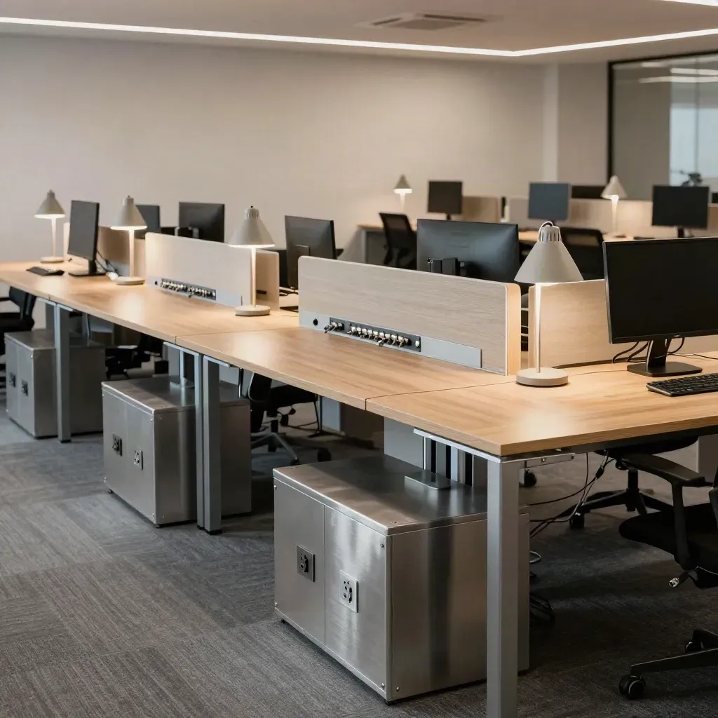 Office power restored: lit task lamps, cable trays, socket points and desk zones glowing