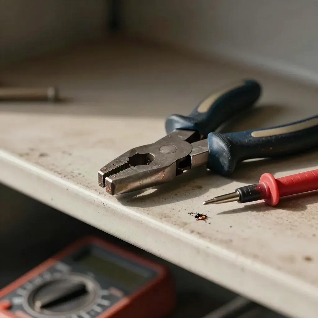 Macro of worn electrician pliers, cutters and multimeter probes on a van shelf