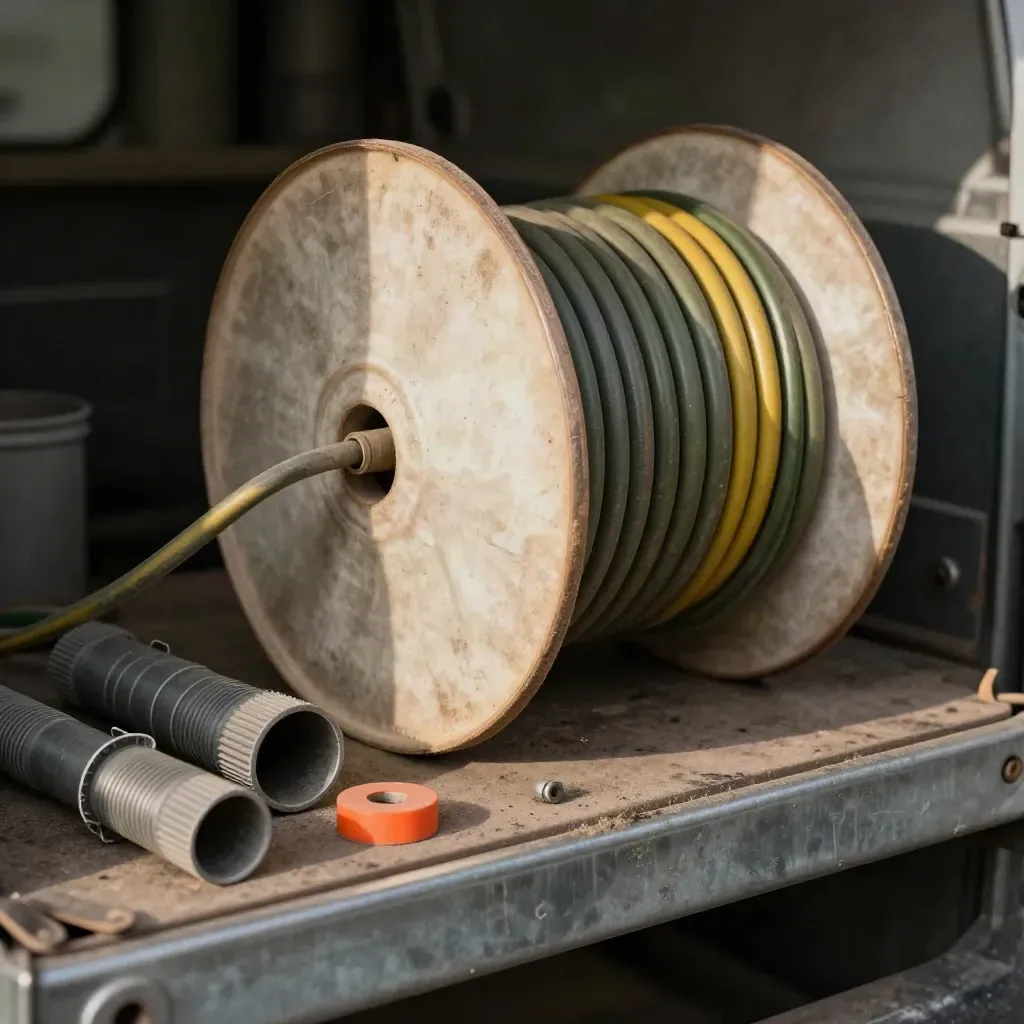 Cable drum, earth sleeving, conduit offcuts and clips on a dusty electrical shelf.