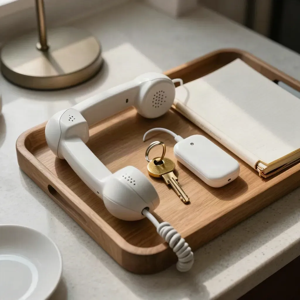 Overhead still life of a phone handset, key ring, charger dock and closed notebook on travertine.