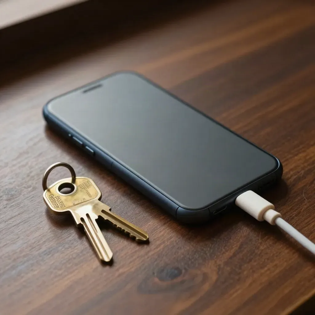 Face-down phone, brass keys and coiled charging lead on a dark wood desk.