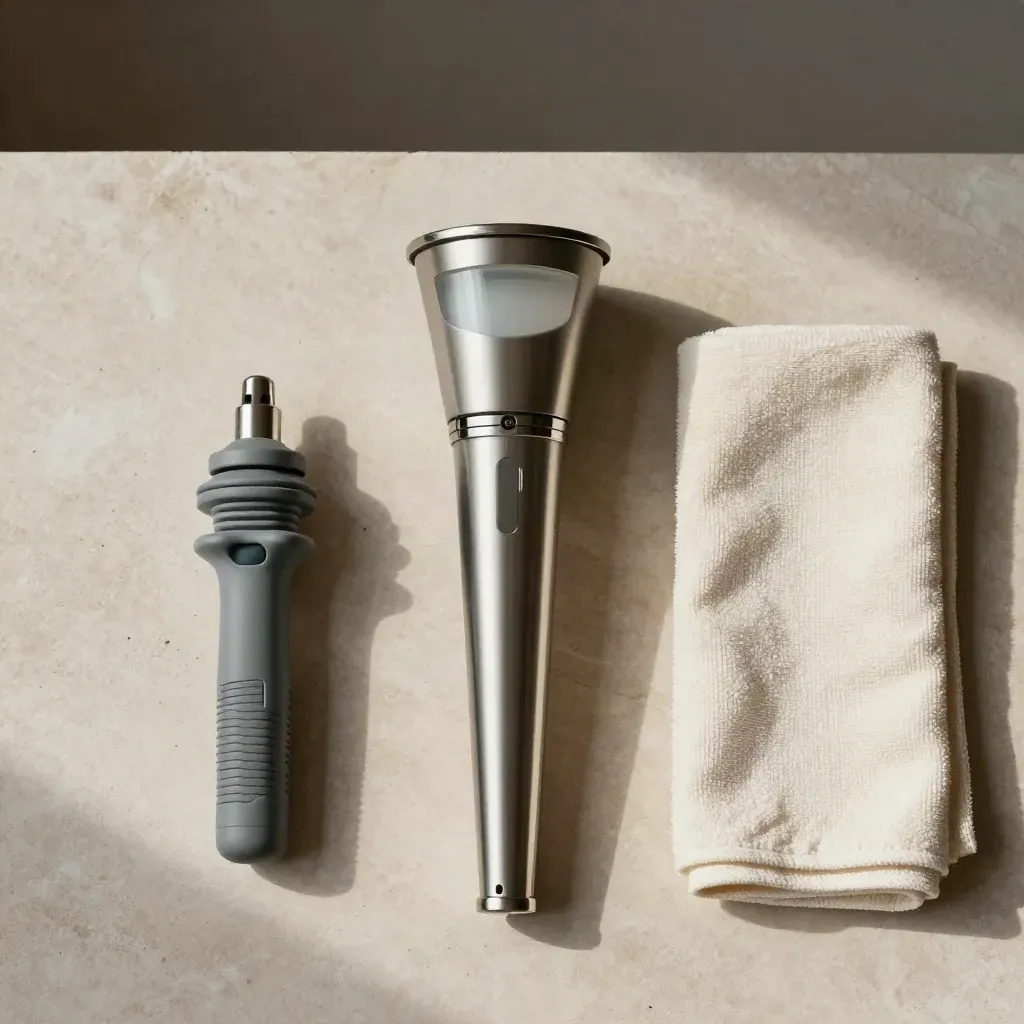 Top-down shot of a torch, socket tester and folded microfiber cloth on pale stone.