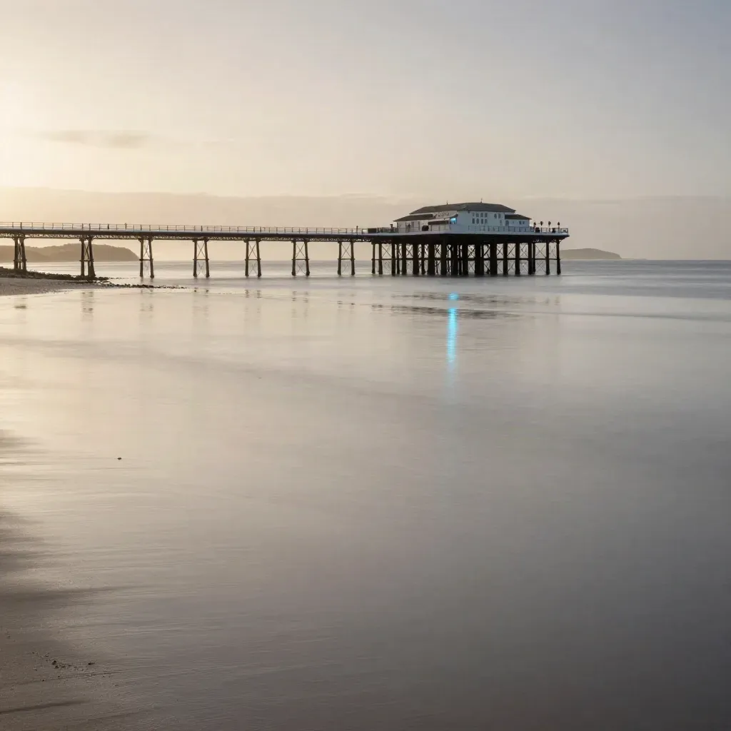 Clevedon Pier high over a calm misty dusk sea, with open reflective water below for copy