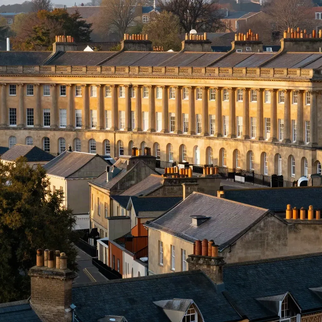 Royal Crescent in Bath at golden hour above hazy streets and honey-stone terraces