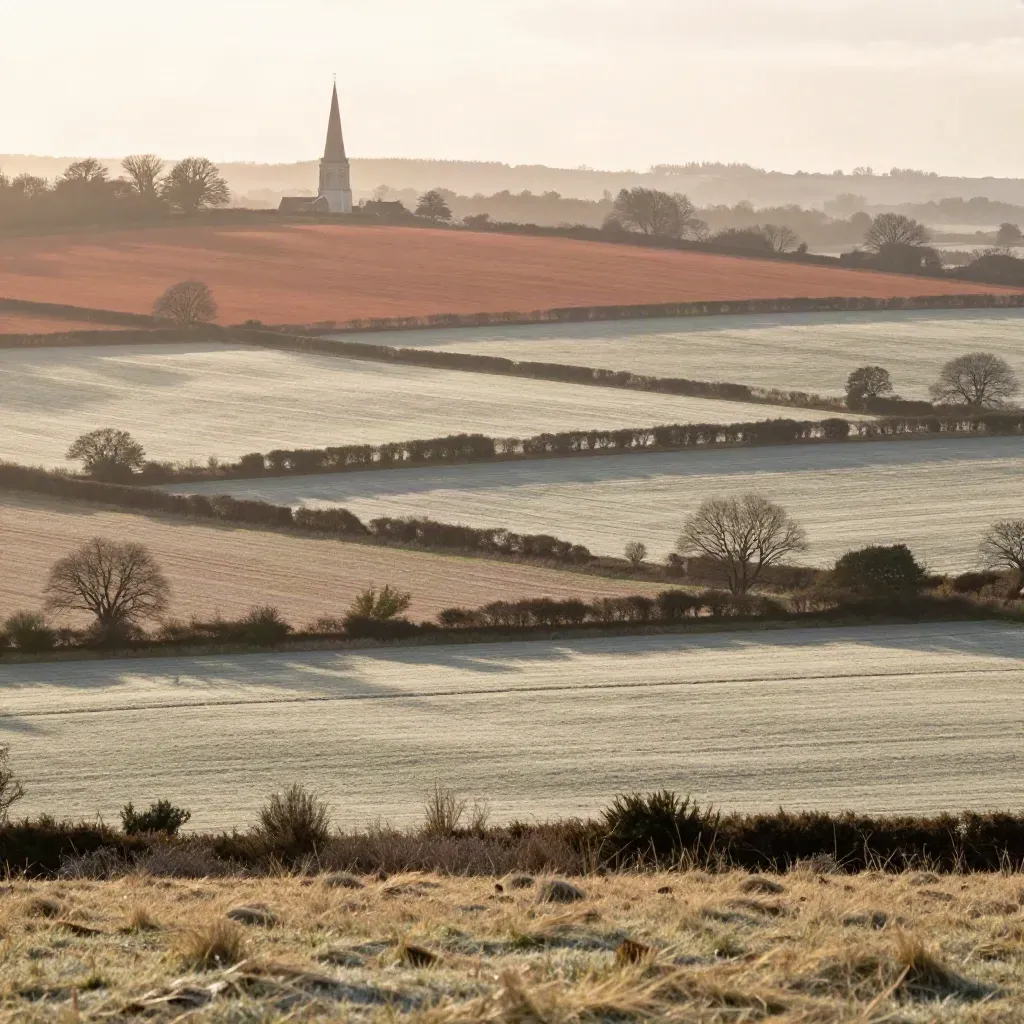 South Gloucestershire fields at dusk with hedgerows and a distant church spire
