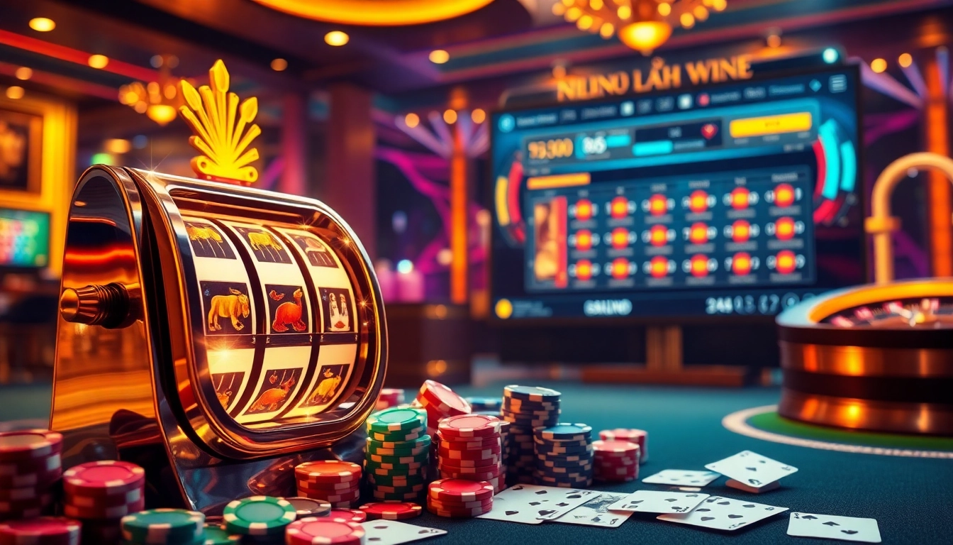 Nổ hũ online slot machine surrounded by poker chips and gaming interface.