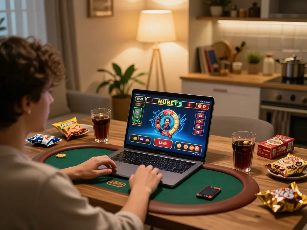Player experiencing live gaming on HUBET platform from a cozy home setup, showcasing engaging atmosphere