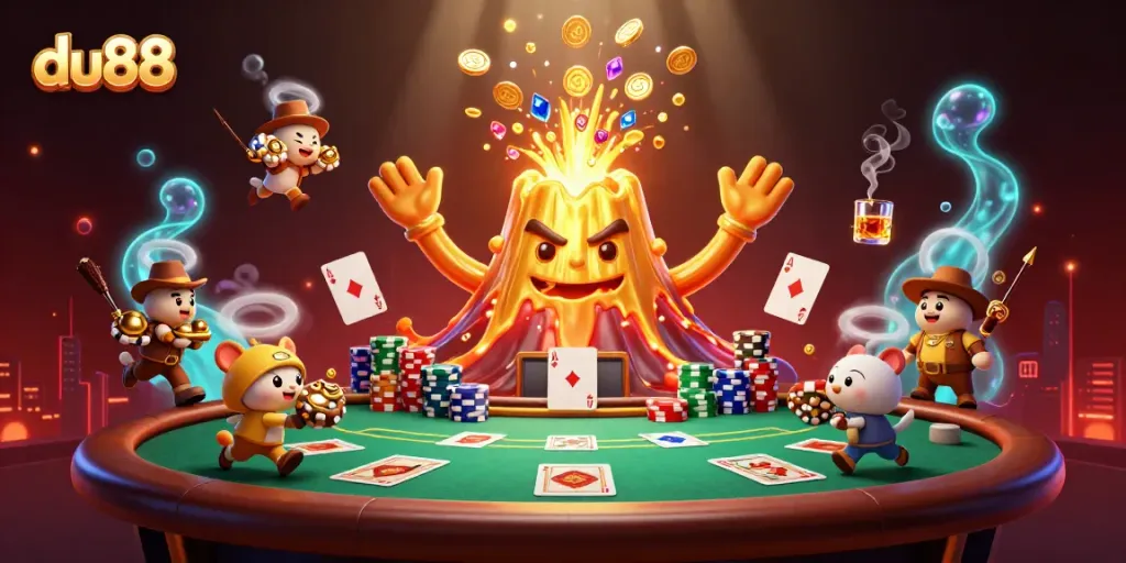 Experience the thrill of winning with du88 at an intricate cartoon casino celebration overflowing with treasures.