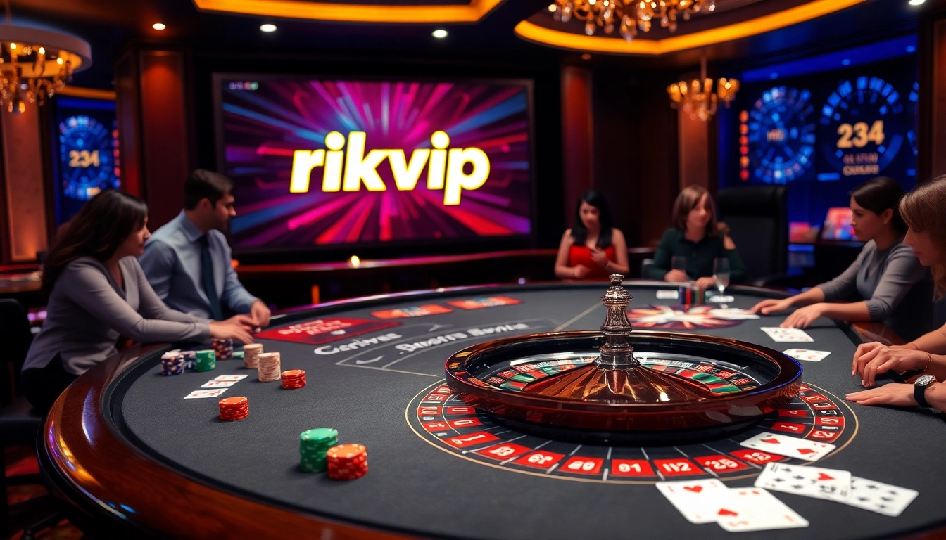 Experience thrilling gaming with rikvip at a vibrant casino table, featuring poker chips and roulette.