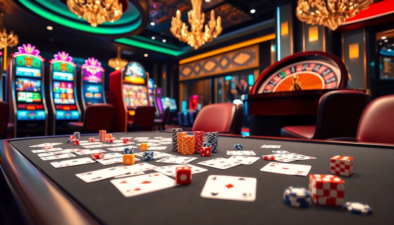Experience the thrill of DR88 at an elegant casino with vibrant gaming tables and exciting slot machines.