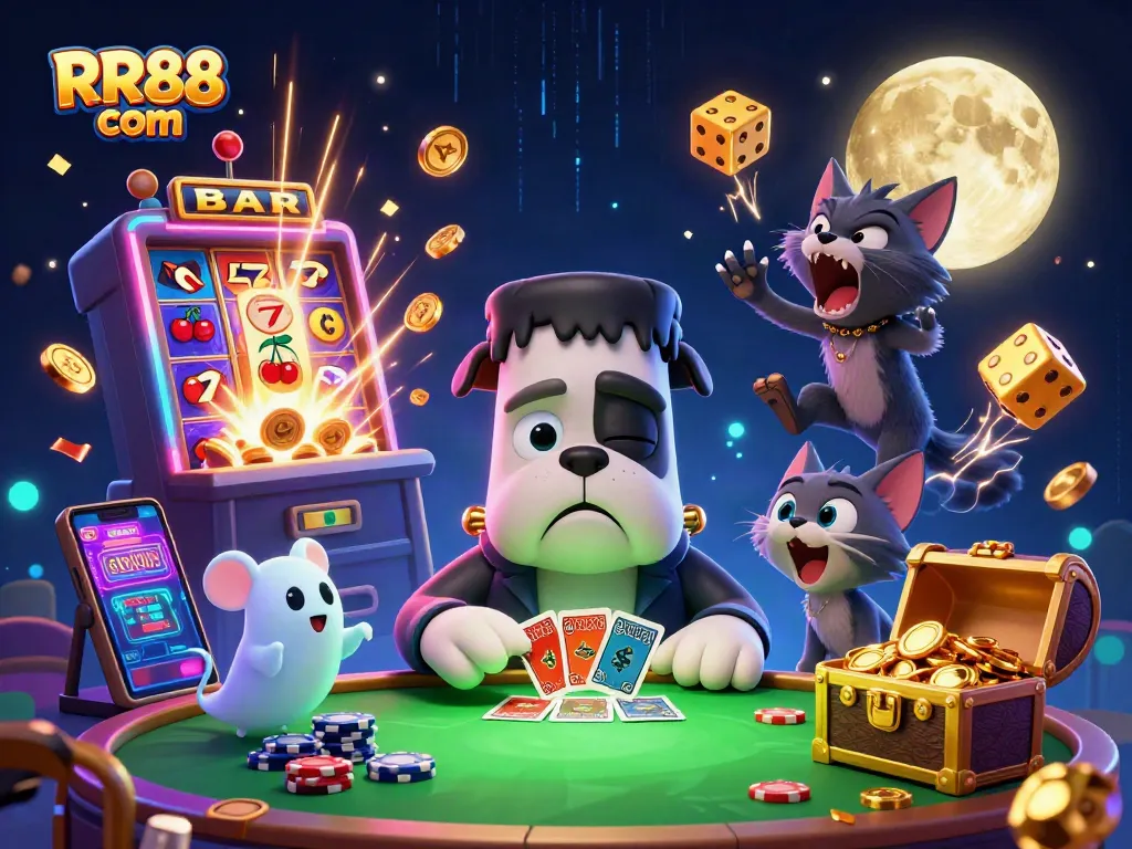 Experience big wins with dynamic gambling fun at RR88 com with lively cartoon characters and slot machines.