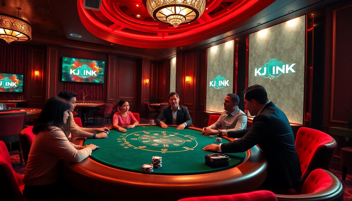 Engage with the KJC LINK platform at an exciting poker table in a luxurious casino.