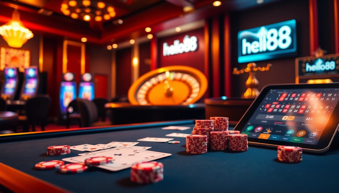 Hello88 gaming experience with vibrant casino tables, spinning roulette wheel, and poker chips.