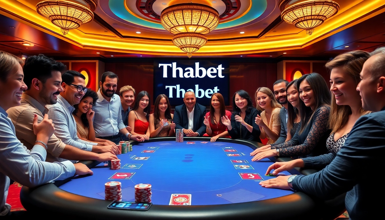 Players at a Thabet-themed poker table celebrate their winning strategies in an upscale casino.