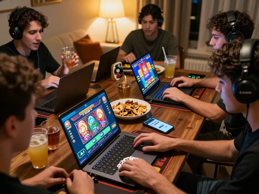 Players enjoying exciting games on Sunwin's online platform, capturing the thrill of online gambling in a cozy home setting.