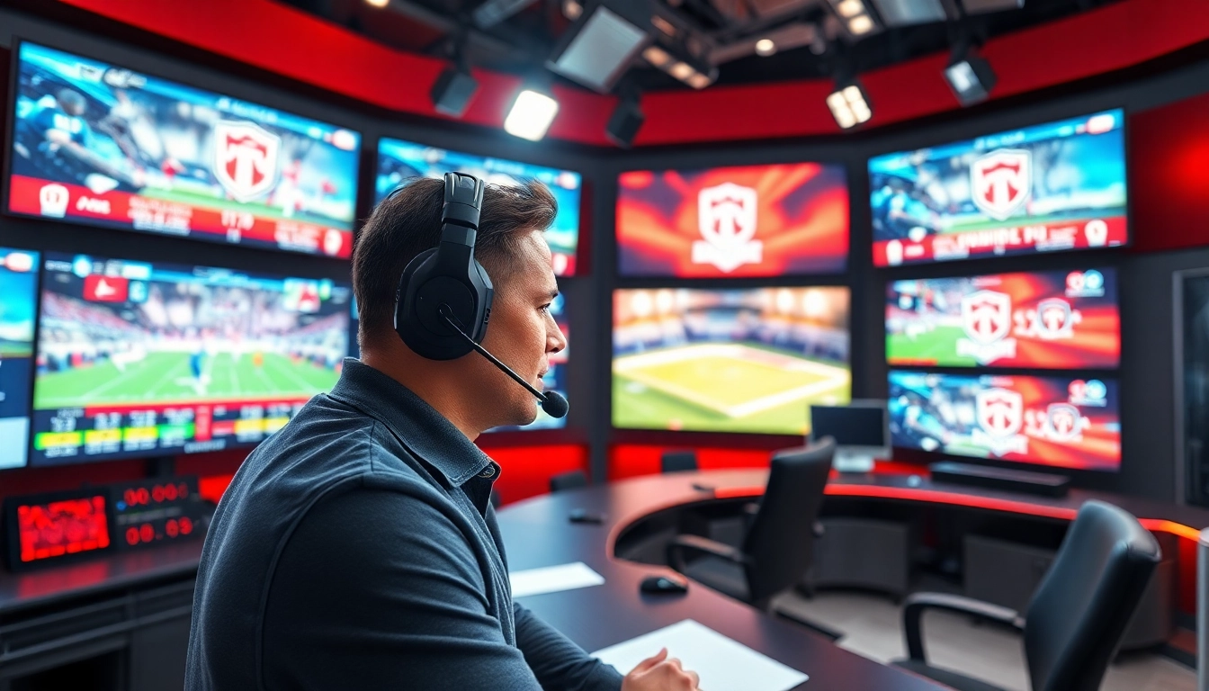 Dynamic sports broadcasting studio with announcer and live game displays
