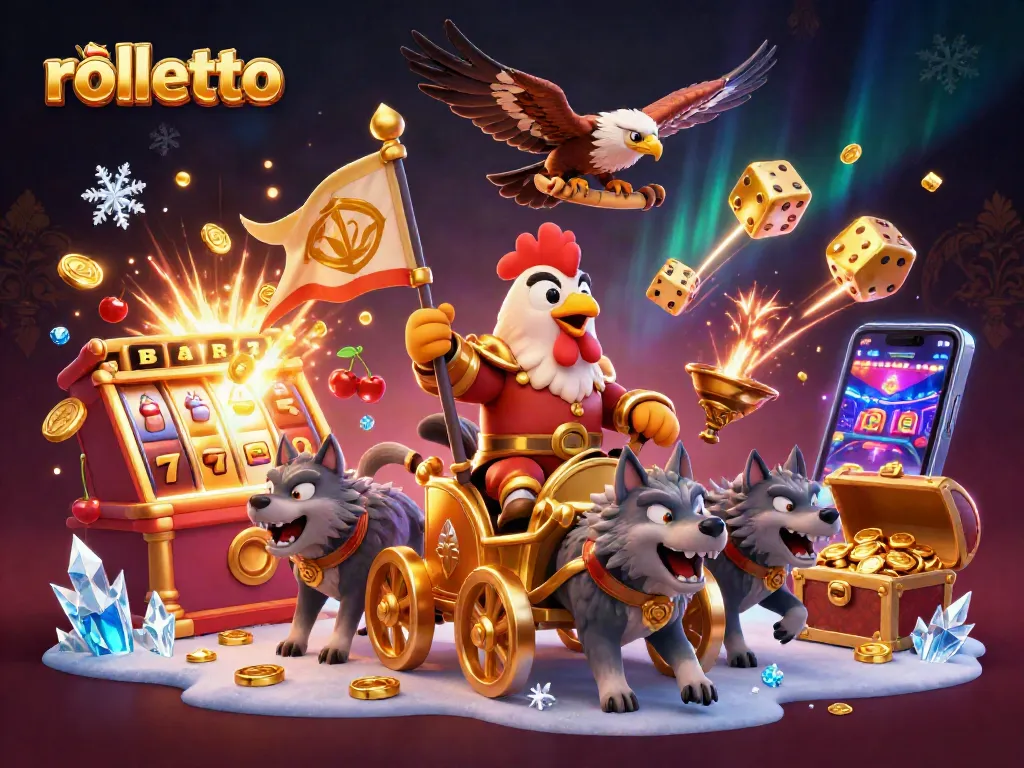 Experience the excitement of rolletto with a 3D rooster warlord, golden chariot, and jackpot explosion!