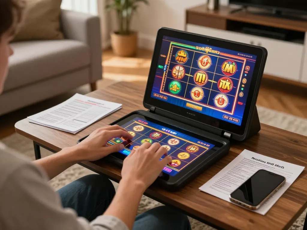 Person engaged in online slots at home, emphasizing bet168 for strategic mobile gaming experiences.