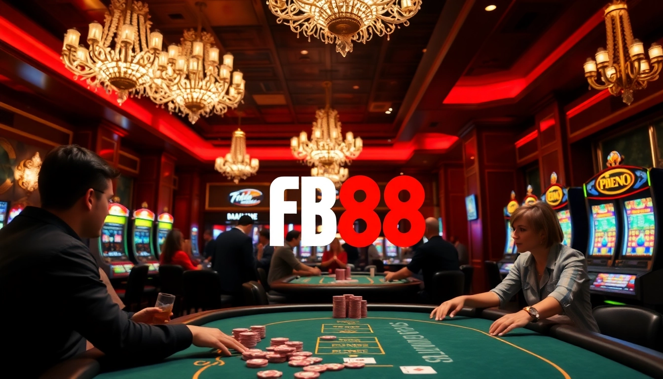 FB88 poker table bustling with players and colorful chips during an exciting game.