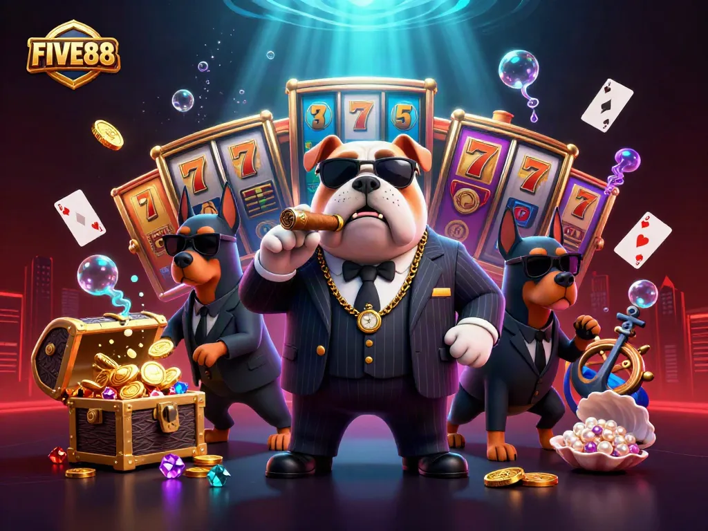 Engage in winning strategies with FIVE88's vibrant casino scene featuring dynamic slot elements.