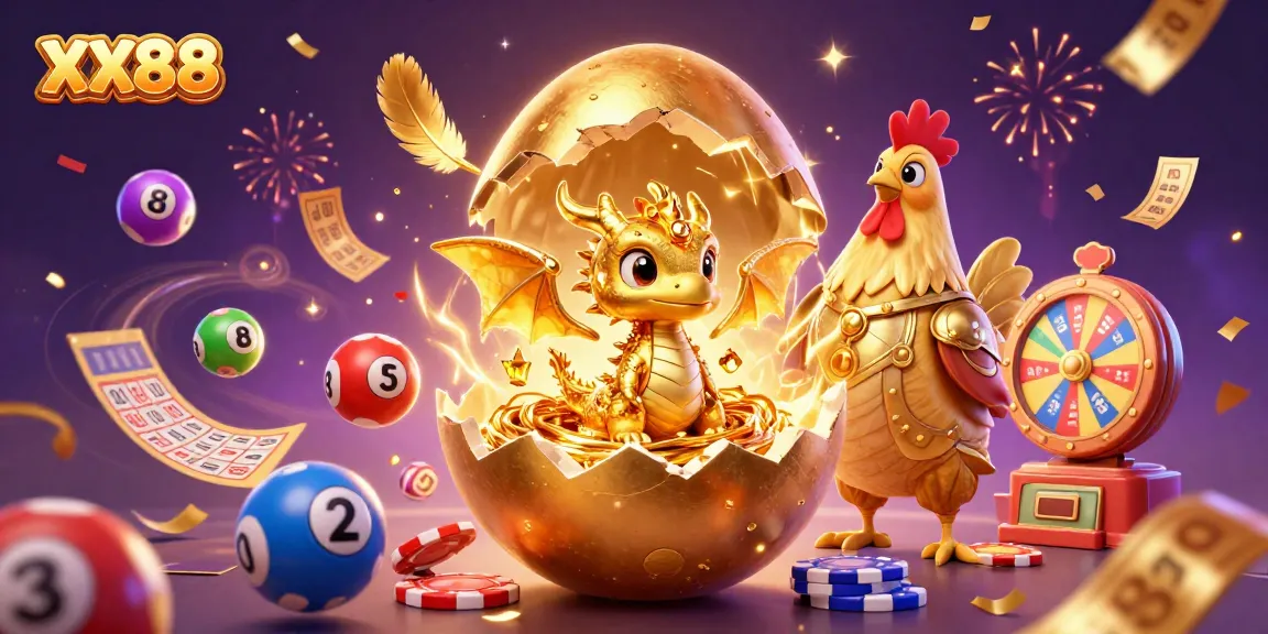 Experience exciting gameplay at XX88 with a golden dragon on poker chips and lottery elements.