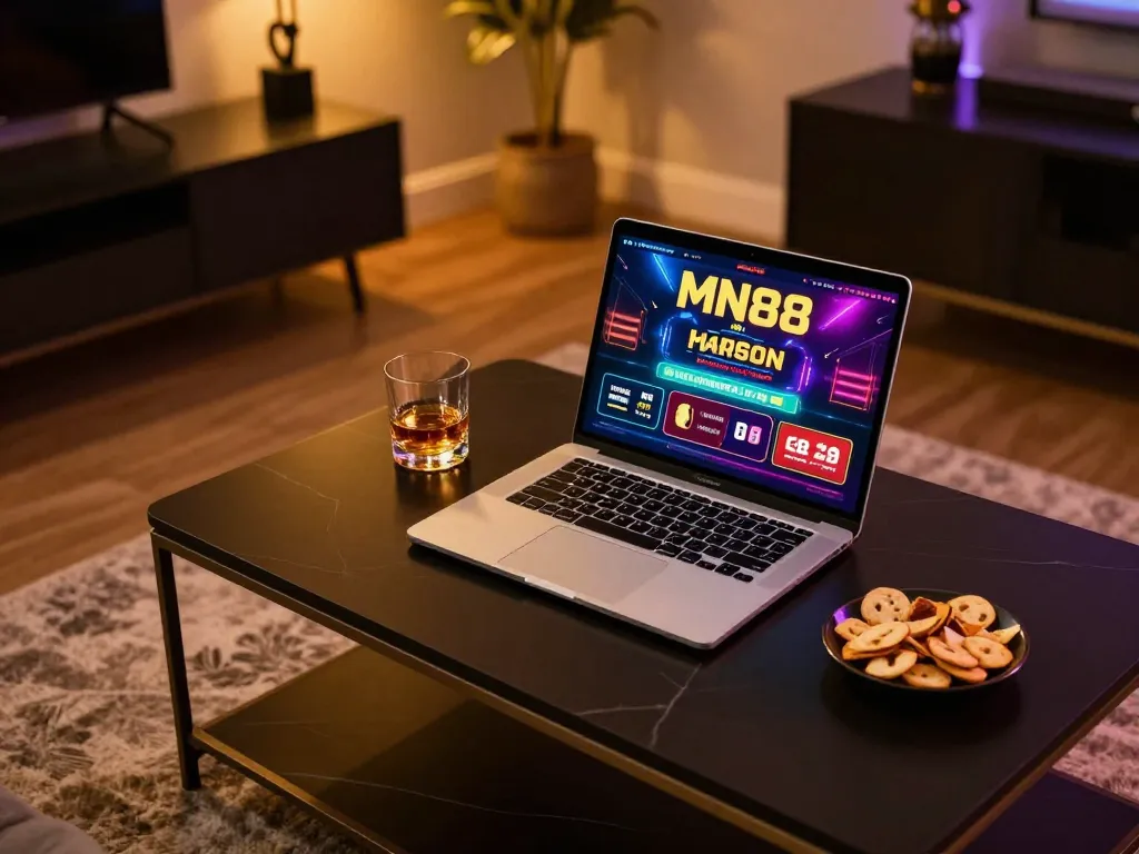 Engaging in online gaming at mn88 with a stylish setup, showcasing vibrant interface and cozy atmosphere.