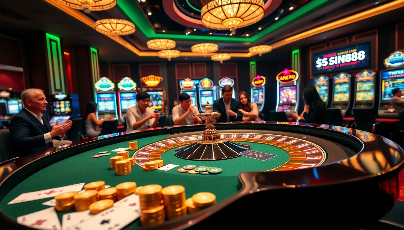 SIN88 roulette table with excited players, elegant poker chips and cards displayed in a vibrant casino scene.