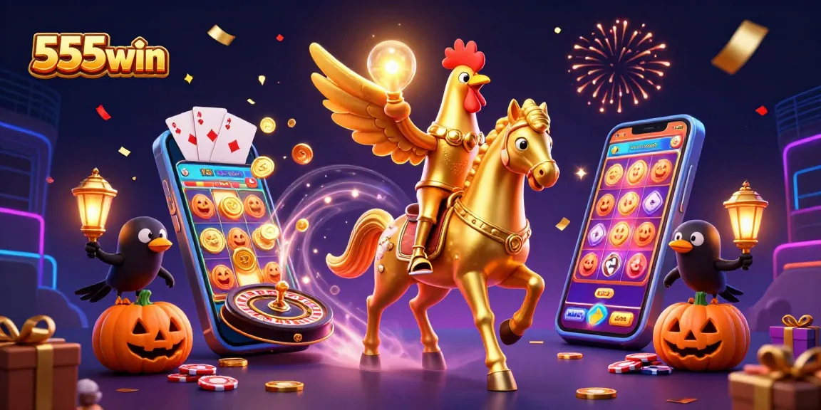 Engaging scene featuring 555win's unique gaming elements with golden rooster character amidst thrilling casino ambiance.