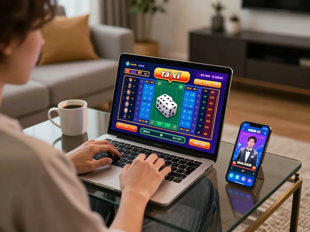 Tài xỉu online gaming setup with player focused on laptop and mobile app in cozy home environment