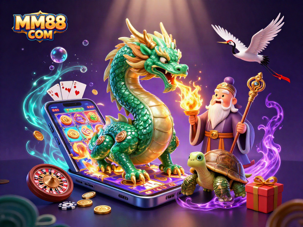 Engage with MM88 COM and explore the thrilling world of jackpots with vibrant casino elements and magical creatures.