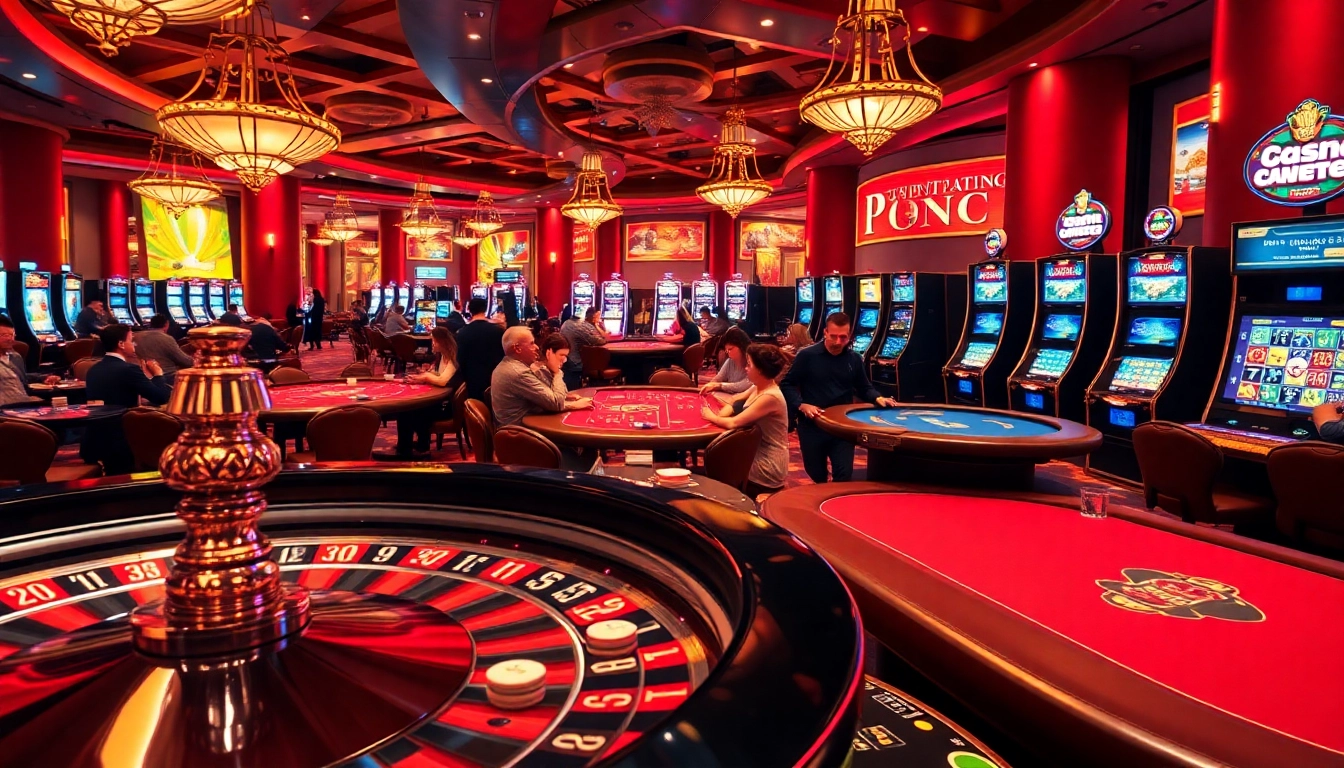 Experience the excitement of online gambling at bj88b.com with players engaged at the roulette wheel and poker tables.